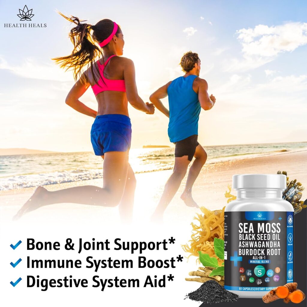 Health Heals Sea Moss 3000 Black Seed Oil 2000 Ashwagandha 1000 Bladderwrack 1000 Burdock 1000-120 Count