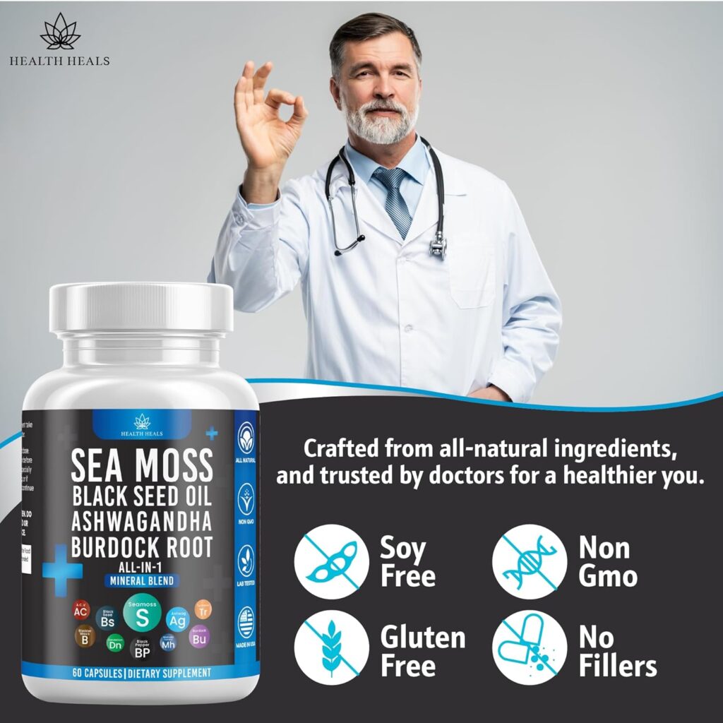 Health Heals Sea Moss 3000 Black Seed Oil 2000 Ashwagandha 1000 Bladderwrack 1000 Burdock 1000-120 Count