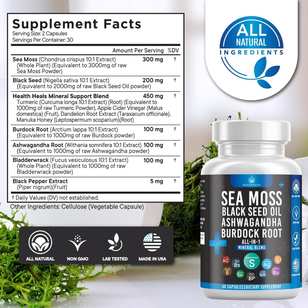 Health Heals Silicon Sea Moss 3000 Black Seed Oil 2000 Ashwagandha 1000 Bladderwrack 1000 Burdock 1000-180 Count