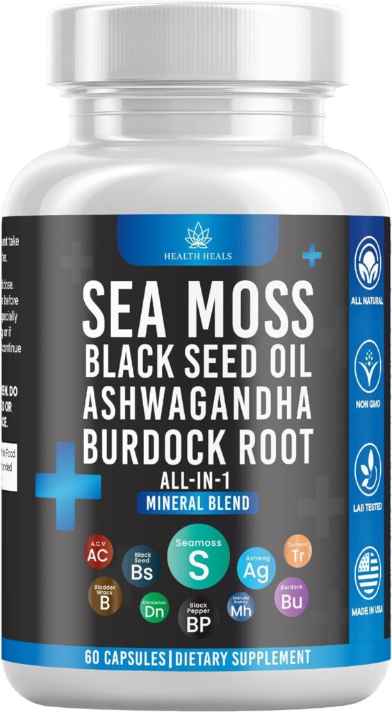 Health Heals Silicon Sea Moss 3000 Black Seed Oil 2000 Ashwagandha 1000 Bladderwrack 1000 Burdock 1000-60 Count