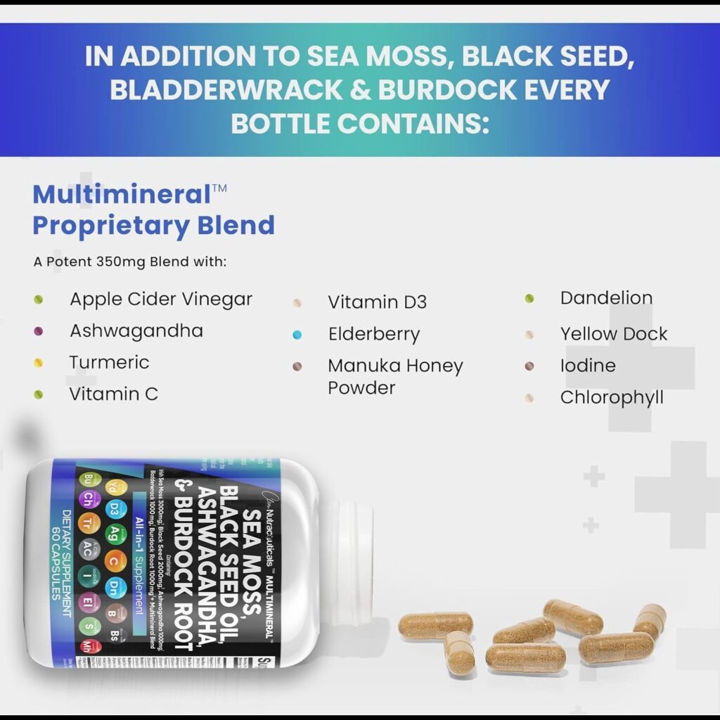 Sea Moss 3000mg Black Seed Oil 2000mg Ashwagandha 1000mg Turmeric 1000mg Bladderwrack 1000mg Burdock 1000mg  Vitamin C  D3 with Elderberry Manuka Dandelion Yellow Dock Iodine Chlorophyll ACV