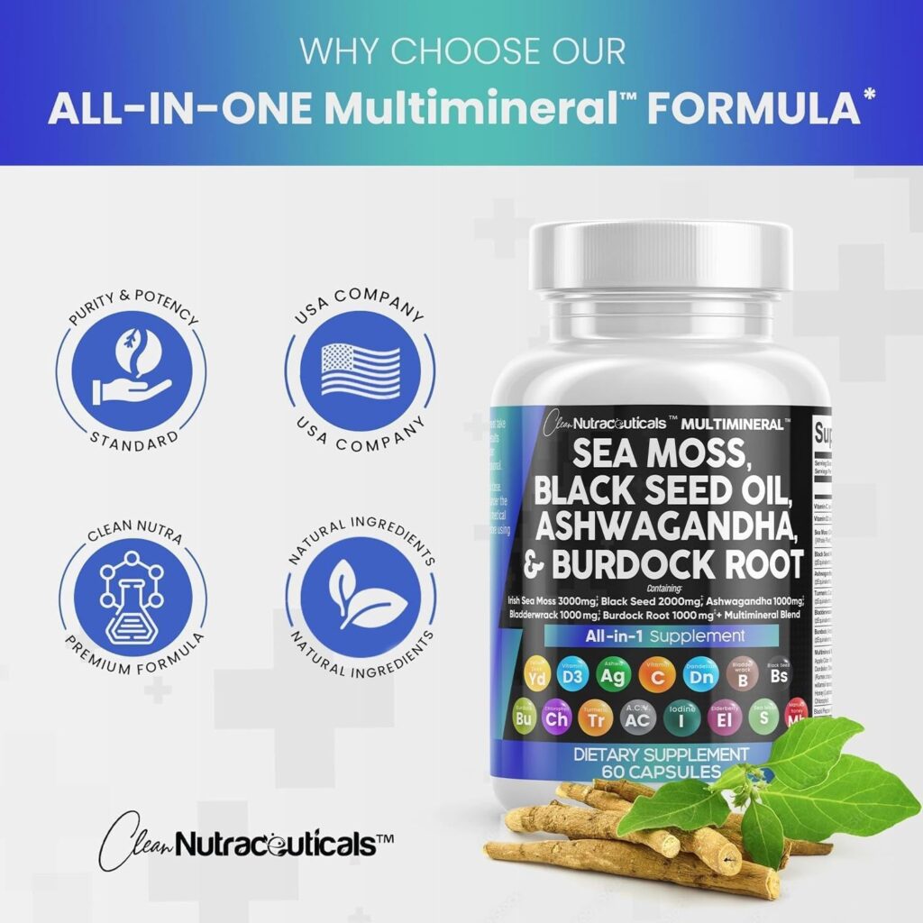 Sea Moss 3000mg Black Seed Oil 2000mg Ashwagandha 1000mg Turmeric 1000mg Bladderwrack 1000mg Burdock 1000mg  Vitamin C  D3 with Elderberry Manuka Dandelion Yellow Dock Iodine Chlorophyll ACV