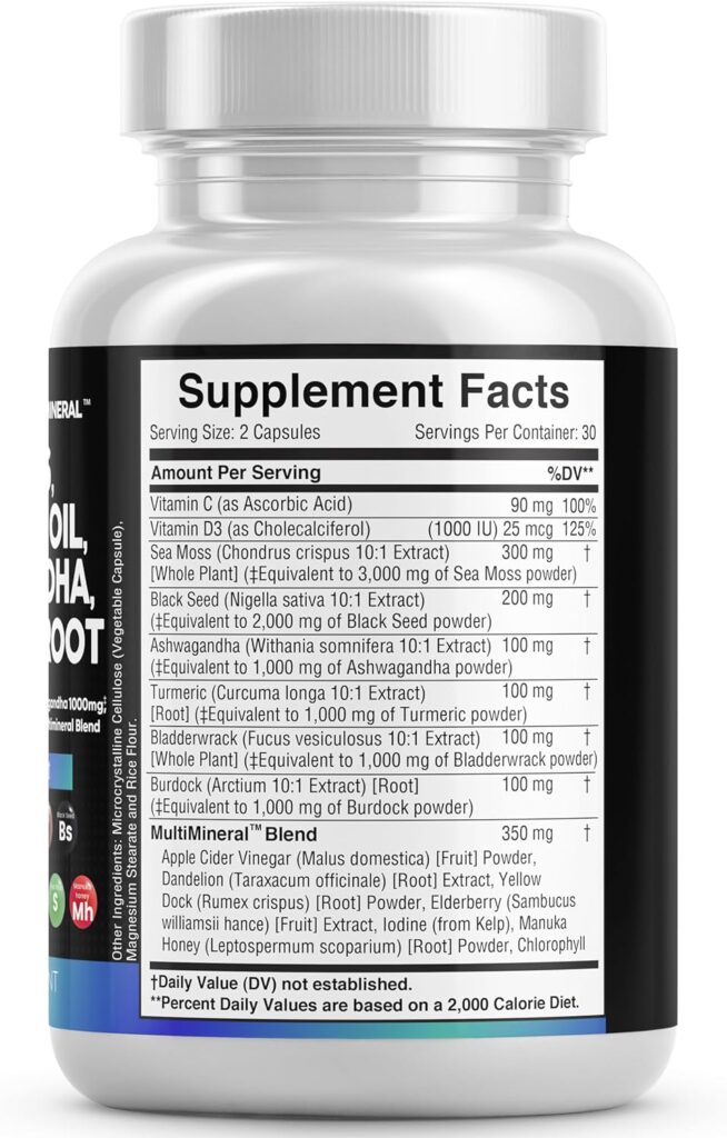 Sea Moss 3000mg Black Seed Oil 2000mg Ashwagandha 1000mg Turmeric 1000mg Bladderwrack 1000mg Burdock 1000mg  Vitamin C  D3 with Elderberry Manuka Dandelion Yellow Dock Iodine Chlorophyll ACV