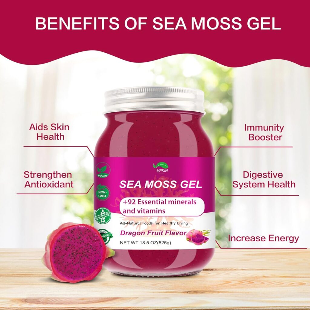 VPKIN Sea Moss Gel Raw Organic,Real Sea Moss Gel with Irish SeaMoss,Wildcrafed Sea Moss Gel,Immune  Digestive Support,Vitamins  Minerals Supplement(Beet Root,18.5OZ)