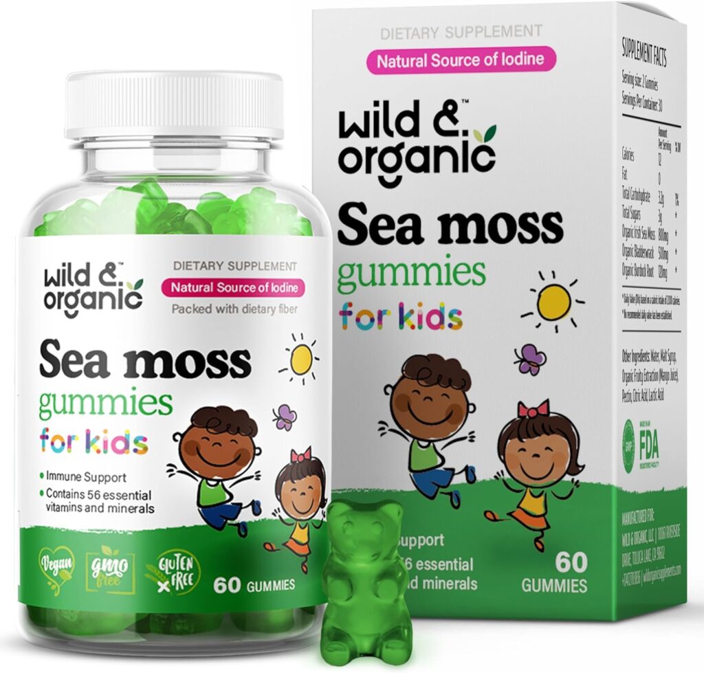 Wild  Organic Sea Moss Gummies for Kids - Vitamins  Iodine Rich Sea Moss Gummy for Immune Support - Digestive  Thyroid Health Supplements w/Raw Irish Moss, Bladderwrack  Chicory Root - 60 Pcs